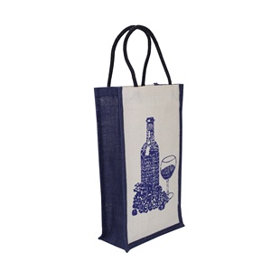 Sac d'emballage pour bouteille de vin en coton blanc et bleu avec poignée en corde, compartiment intérieur pour bouteille, motif lettre en jute laminé PP - Product Image 2