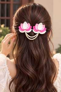 Barrettes à cheveux en crochet faites à la main en forme de fleur de lotus avec chaîne de perles rose et blanche, accessoires de mariage pour femmes - Product Image 4