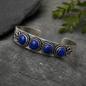 Natural Lapis Lazuli Four Stone Wide <b>Cuff</b> Bangle Handmade <b>Silver</b>/Gold Brass Unisex Statement Jewelry Vintage Heritage Design - Product Image 5