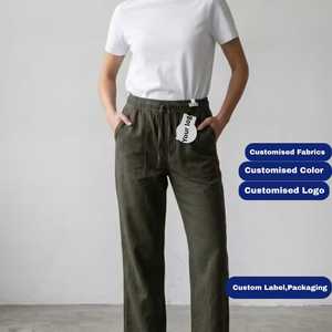 Pantalon en coton taille haute pour femme, coupe droite, devant plat, avec cordon de serrage, couleur unie, décontracté, longueur intégrale, délavé, pour le printemps - Product Image 4