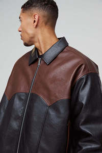Men's Red Genuine Leather Vintage Patchwork Moto <b>Biker</b> Jacket Stand Collar Zipper Closure Regular Fit Solid Color - Product Image 4
