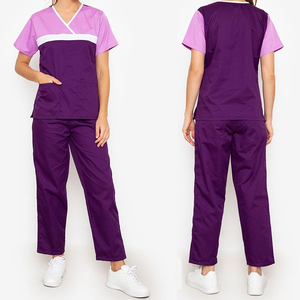 2026 Top Trendy Women's Purple <b>Scrub</b> <b>Set</b> With Pink Sleeves Hospital Uniform Cotton Polyester Woven Fabric - Product Image 4