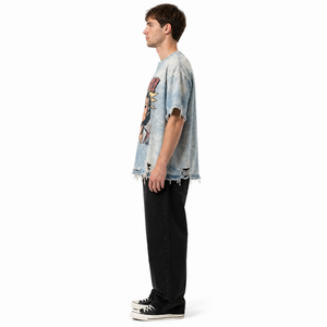 T-shirt en coton tricoté vintage pour homme avec logo personnalisé, ourlet brut, style streetwear, coupe oversize, grammage lourd, haute qualité, motif graphique - Product Image 3