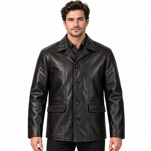 <b>Men's</b> Genuine Leather Jacket Turn Down Collar Single Breasted <b>Coat</b> Solid <b>Black</b> Casual <b>Long</b> Sleeve Outerwear - Product Image 1
