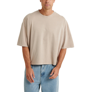 Camiseta Extra Grande Personalizada para Hombre, Algodón Grueso, Hombros Caídos, Corte Cuadrado, Color Beige, Estilo Urbano - Product Image 1