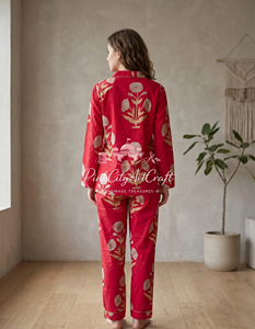 Premium Cotton Red Block Printed Pajama Set for Women Summer Autumn Spring Breathable Quick-Dry Elegant Luxury Full-Sleeve - Product Image 5
