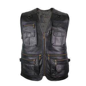 Factory Made Competitive <b>Men</b> Genuine <b>Leather</b> Moto <b>Vest</b> Collarless Adjustable Waist Solid Color Outerwear Autumn Style - Product Image 6