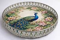 Plateau de service contemporain en fer argenté allemand, motif personnalisé Pichwai, design paon, ensemble cadeau pour fête JM