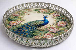 Plateau allemand en argent pichwai, motif paon, ensemble cadeau - Product Image 2