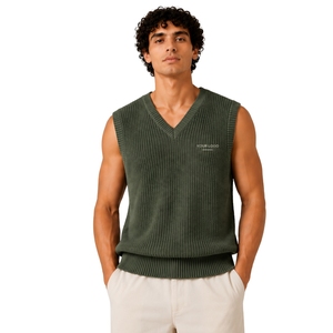 Gilet pull sans manches en maille vert olive pour homme, col en V, léger et doux, décontracté, tendance, avec logo personnalisé, fabricant - Product Image 1
