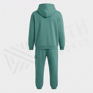 Ensemble de survêtement unisexe vert à capuche, couleur unie, en coton, sweat-shirt décontracté et pantalon de jogging, longueur intégrale, avec cordon de serrage et poches, pour l'automne - Product Image 2