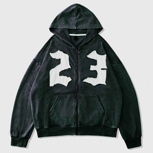 Hoodie d'hiver tendance en coton épais délavé à l'acide avec patchs, coupe oversize - Product Image 1