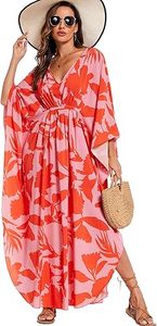 Vestido Abaya Maxi para Mujer, Estampado Floral, Poliéster Ligero, Cuello Redondo, Corte Holgado, Manga Tres Cuartos, Estilo Veraniego para Playa - Product Image 4