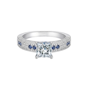 Princess Cut Moissanite Engagement <b>Ring</b> 18K <b>White</b> Gold Plated Pave Setting With Blue <b>Sapphires</b> Classic Womens Band - Product Image 1