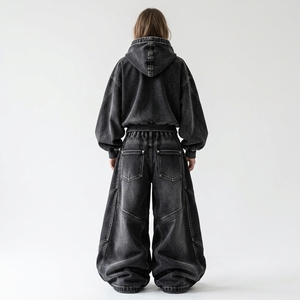 Womens <b>Black</b> Acid Wash Denim Hoodie Tracksuit Set Oversized Baggy Wide Leg Jeans Streetwear Custom Apparel Manufacturer - Product Image 2