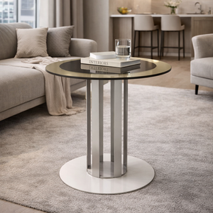 Mesa Auxiliar de Vidrio Negro Contemporánea de Lujo con Borde Color Champán y Escultura - Product Image 5