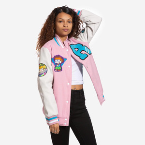 Wholesale Price Pink Varsity <b>Jacket</b> Women's Embroidered Letter R Patch Design Full Sleeve Turn-down Collar Autumn Wear - Product Image 4