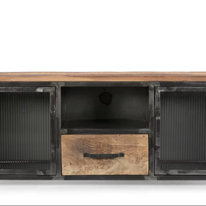 Mueble de TV Rústico de Hierro/WD con Puerta de Vidrio Acanalado para el Hogar - Product Image 1