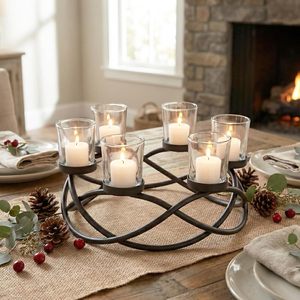 Modern Black Metal 5 Light Candle <b>Holder</b> <b>Stand</b> with Clear <b>Glass</b> Hurricane Votive Cups Decorative Farmhouse Table Centerpiece - Product Image 3