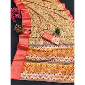 DISEÑADOR DOLA SILK WORK SAREE con BLUSA SIN COSTAR en COLOR LIMÓN - Product Image 1