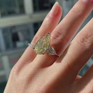 3 CT Yellow Pear Lab Grown Diamond Three Stone <b>Ring</b>, IGI Certified, <b>14K</b> <b>Gold</b> <b>Ring</b> - Product Image 2