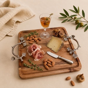 Luxury Solid Acacia Wood Serving Tray With Artisan Silver Leaf Branch Handles Premium <b>Decorative</b> Platter For Home <b>Table</b> <b>Decor</b> - Product Image 2