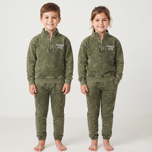 Conjunto de dos piezas de algodón con lavado ácido verde oliva de moda, sudadera con cremallera de un cuarto y pantalón, ropa casual de manga larga para niños - Product Image 1