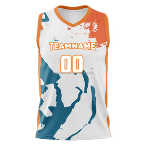 เสื้อบาสเก็ตบอลแบบกำหนดเอง แบบไม่มีแขน คอวี ผ้าตาข่ายพิมพ์ลาย ชื่อทีม ชื่อผู้เล่น เบอร์ 00 สีขาว สีส้ม สีน้ำเงิน ทุกฤดูกาล - Product Image 2