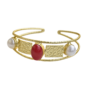 Bracelet manchette plaqué or fait main certifié avec corail et perles d'imitation, design géométrique vintage, bijoux unisexe - Product Image 5