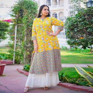 Vestido Anarkali con estampado floral para embarazadas y Kurti de talla grande con corte en A, amarillo, de rayón, ropa cómoda para mujer, estilo étnico. - Product Image 1