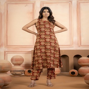 Conjunto de pantalón y Kurti estampado marrón para mujer, ropa étnica sin mangas, conjunto de Kurti informal y recto - Product Image 1