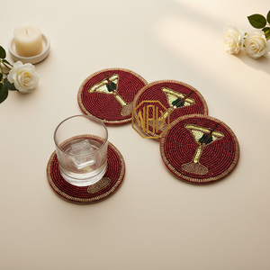 Handmade Beaded Round Coaster with Ice Cream Design White and Gold Border Decorative Table Mat - Product Image 5