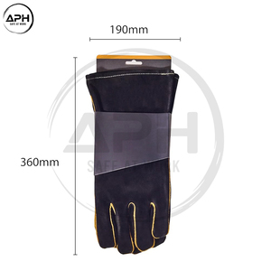Gants de soudeur en cuir de vachette noir de qualité supérieure avec accent de sangle jaune, résistants à la chaleur, avec manchette longue, équipement de travail industriel - Product Image 5