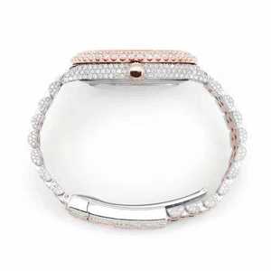 Luxury <b>Iced</b> <b>Out</b> Moissanite <b>Watch</b> Brown Dial Two Tone Rose Gold Automatic Mechanical Diamond Bust Down Wristwatch - Product Image 4