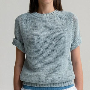 Pull en maille à manches courtes et col rond pour femme, couleur unie minimaliste, coupe classique, anti-boulochage, printemps-été - Product Image 5