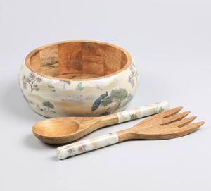 Bol de service en bois de manguier fait main de style européen avec cuillères assorties - Écologique, durable, pour mariage, fête, décoration de cuisine - Product Image 4
