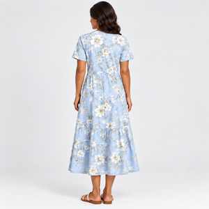 Women's Light Blue Floral Midi <b>Dress</b> Short Sleeve Split Neck Tiered A-Line <b>Pocket</b> Casual Summer <b>Dress</b> Wholesale OEM ODM Clothing - Product Image 3