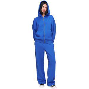 Conjunto de Sudadera con Capucha y Pantalones Deportivos para Mujer, Talla Grande, Personalizado, de Alta Calidad, en Felpa de Algodón, con Bordado y Cierre de Cremallera de un Cuarto, Hombros Caídos - Product Image 1