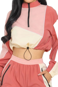 Women Color Blocking Tracksuit Set Half-<b>Zip</b> Full Sleeve Drawstring Pants Sporty Style Spring Wear - Product Image 5