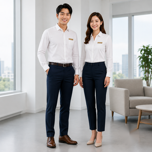 Ensemble chemise blanche professionnelle et pantalon bleu marine pour adultes unisexe en polyester et élasthanne respirants - Product Image 1