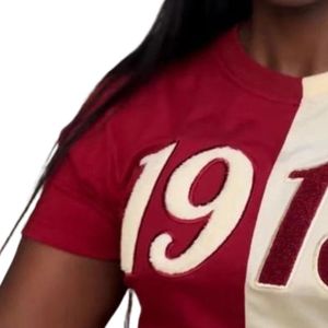 เสื้อยืดปักลายเชนิลล์ Half Half 1913 DST ผ้าฝ้ายพรีเมียม เสื้อผ้าสำหรับชมรมนักศึกษา เสื้อผ้าเดลต้ากรีก สีมารูน โทนสีกลาง สองสี - Product Image 5