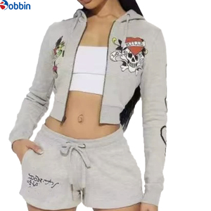 Conjuntos Deportivos Cortos de Verano Estilo Hip Hop para Mujer, 2 Piezas, Chaqueta con Cremallera y Pantalones Cortos, 100% Algodón, Transpirable, de Secado Rápido, Ecológico, Mangas Largas - Product Image 3