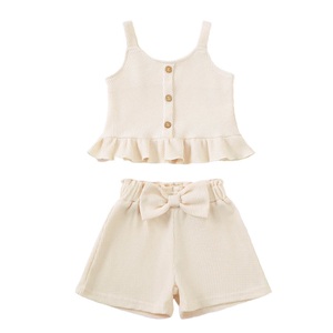 Ensembles de vêtements pour fillettes personnalisés avec logo d'usine, débardeurs côtelés doux d'été avec short à nœud, ensembles décontractés deux pièces pour filles - Product Image 3