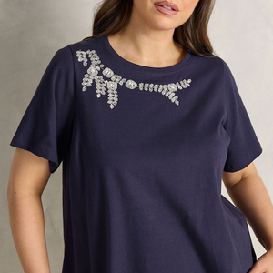 New Arrival 100% Cotton Spandex Loose Oversized Floral Beaded Embroidered Women's Blue Short Sleeve Quick Dry T-Shirts - Product Image 4