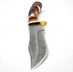 Outil utilitaire d'extérieur artisanal en acier Damas, manche en bois Micarta empilé avec corne de cerf naturelle, garde en laiton - Product Image 4