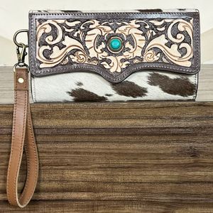 2026 Western Vintage RFID Hand <b>Tooled</b> Turquoise Concho Handmade Hair On Cowhide Genuine <b>Leather</b> Wristlet Clutch Wallet Women's - Product Image 4