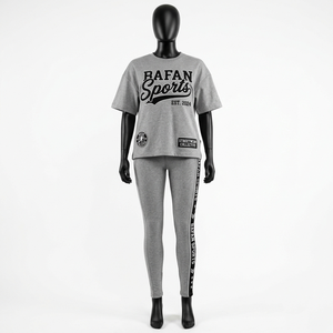 ชุดเสื้อยืดและเลกกิ้งผ้าคอตตอนผสมโพลีเอสเตอร์ 200 GSM สำหรับผู้หญิง สีเทา เนื้อผ้านุ่ม ยืดหยุ่น พิมพ์ลาย ชุดออกกำลังกาย ชุดเซ็ตสำหรับผู้หญิง - Product Image 1