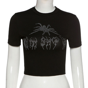 New Eco-Friendly Summer Ladies Streetwear <b>Rhinestone</b> <b>Crop</b> <b>Tops</b> <b>with</b> Bare Midriff Bling 100% Cotton for Women - Product Image 3