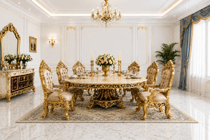 Meubles de salle à manger de style italien haut de gamme en or blanc, style Maharaja, ensemble table et chaises 6 places, acheter une suite de salle à manger classique - Product Image 3