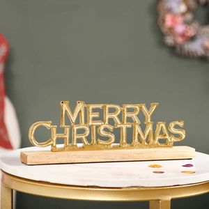 Merry <b>Christmas</b> Metal Sign Gold Finish Wood Base Traditional Holiday Decoration - Product Image 6
